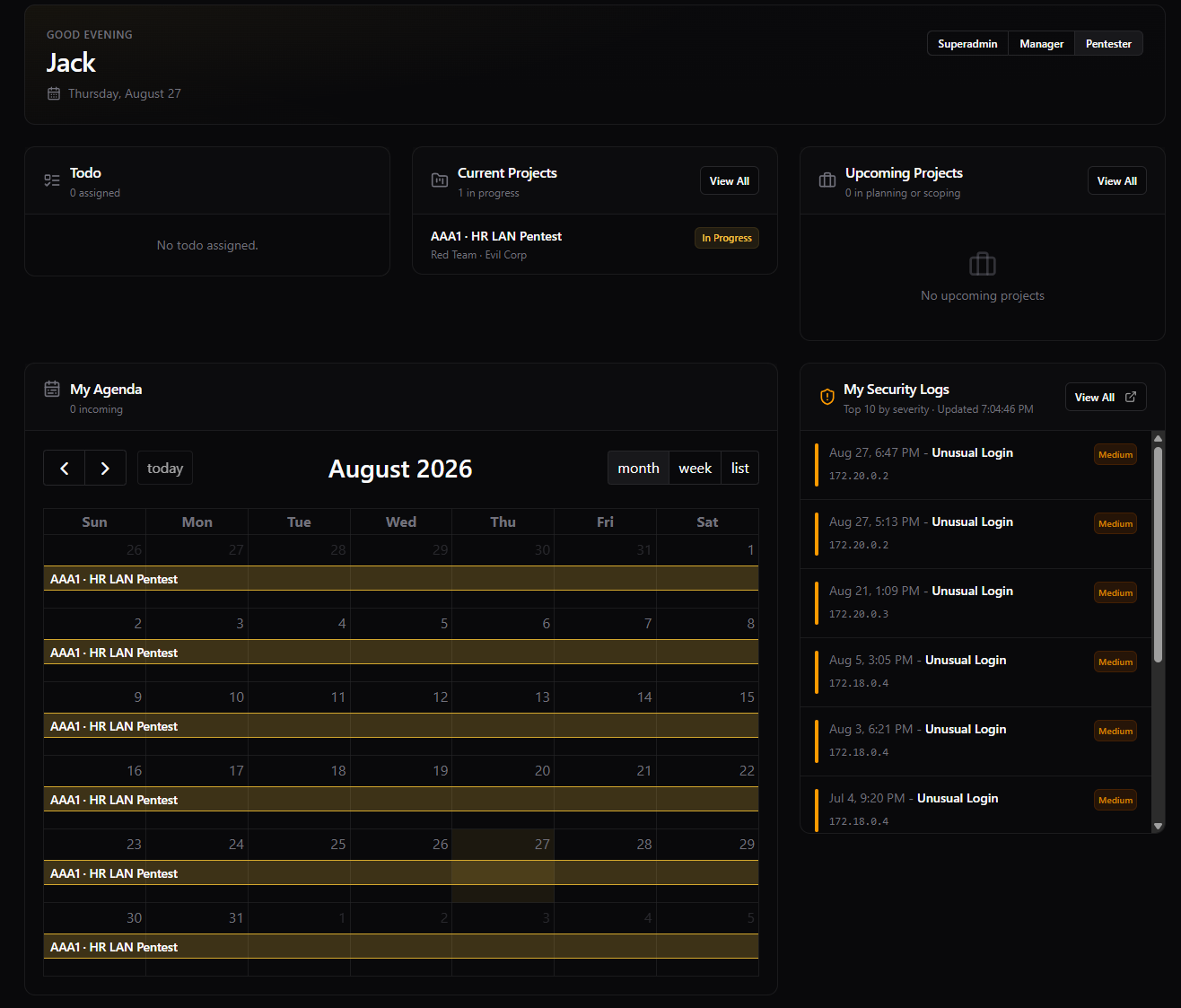 HoneyDoc pentester view — assigned work, notes, and scope
